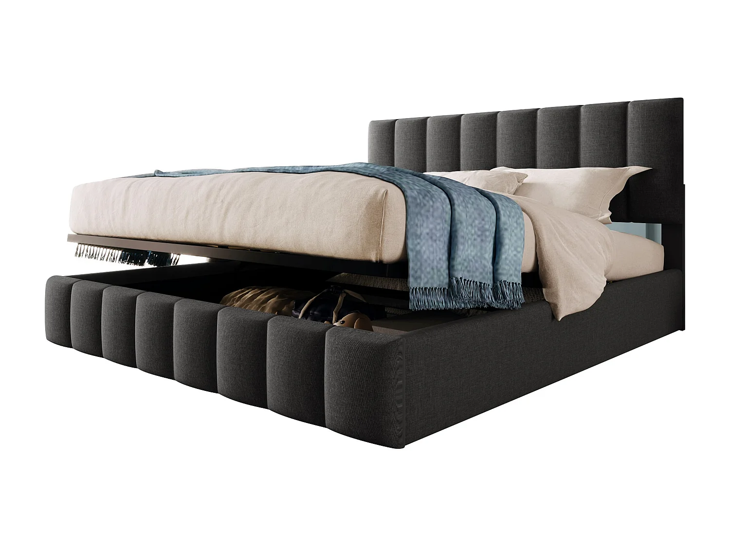 Bett mit Stauraum aus Leinen – gepolstertes Bett mit verstellbarem Kopfteil – Lattenrost – 140 x 200 cm – grau