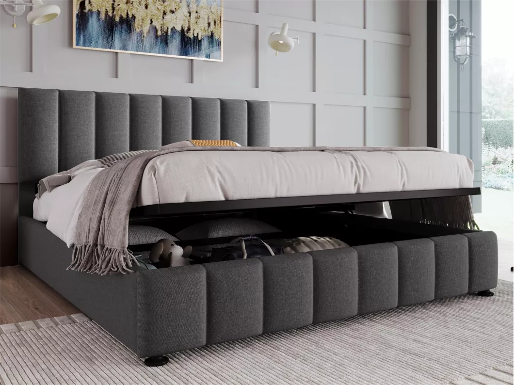 Kauf Unique Bett mit Stauraum aus Leinen – gepolstertes Bett mit verstellbarem Kopfteil – Lattenrost – 140 x 200 cm – grau