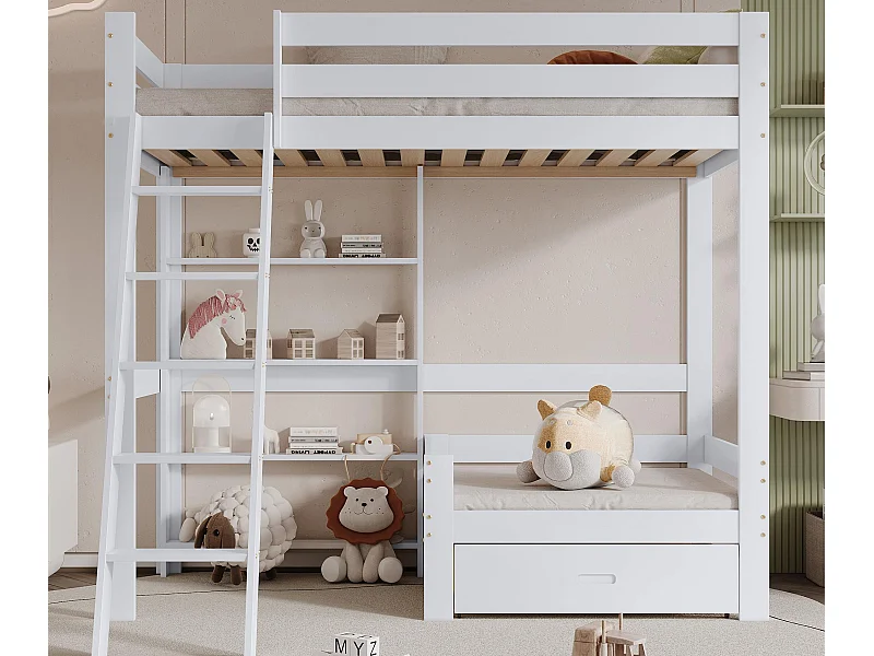 Hochbett mit Sofa + Regal + Leiter – Gestell aus Kiefernholz – 90 x 200 cm – weiß