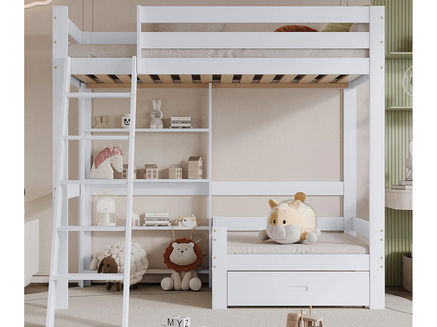 Letto a soppalco con divano + ripiano + scala - struttura in pino - 90x200 cm - bianco