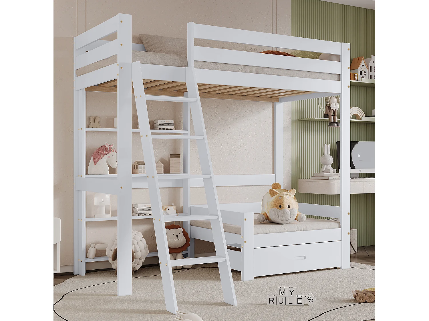 Letto a soppalco con divano + ripiano + scala - struttura in pino - 90x200 cm - bianco