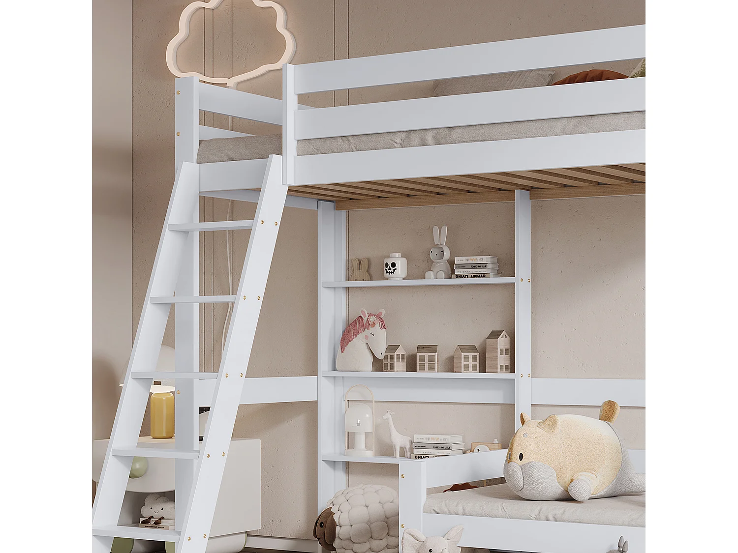 Letto a soppalco con divano + ripiano + scala - struttura in pino - 90x200 cm - bianco