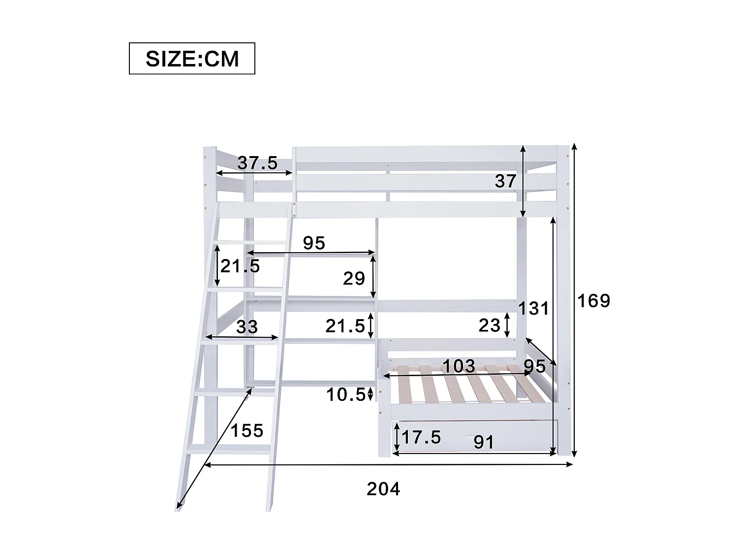 Letto a soppalco con divano + ripiano + scala - struttura in pino - 90x200 cm - bianco