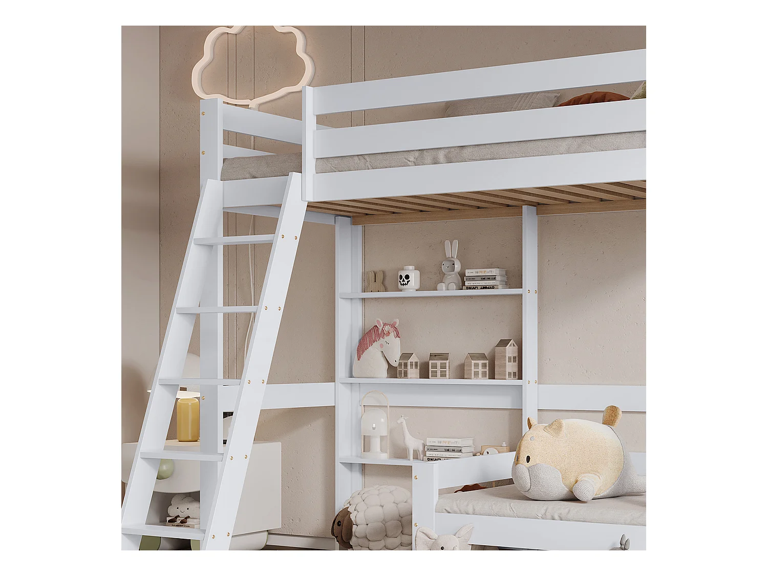 Hoogslaper met zitbank + plank + ladder - grenen frame - 90x200cm - wit