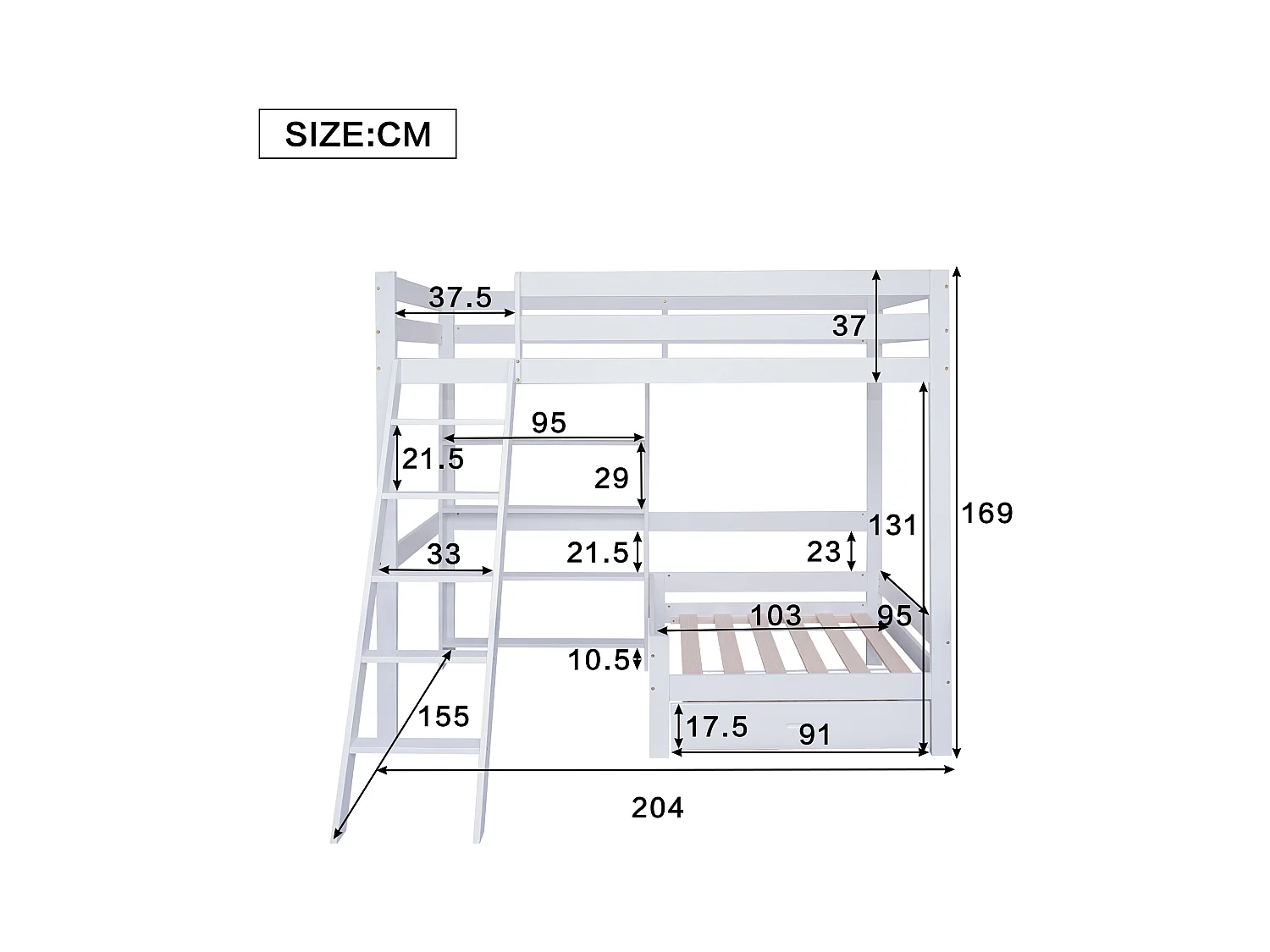 Hoogslaper met zitbank + plank + ladder - grenen frame - 90x200cm - wit