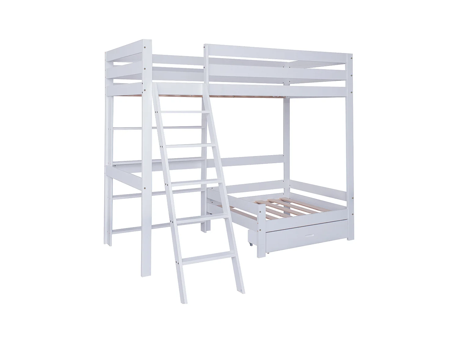 Hoogslaper met zitbank + plank + ladder - grenen frame - 90x200cm - wit