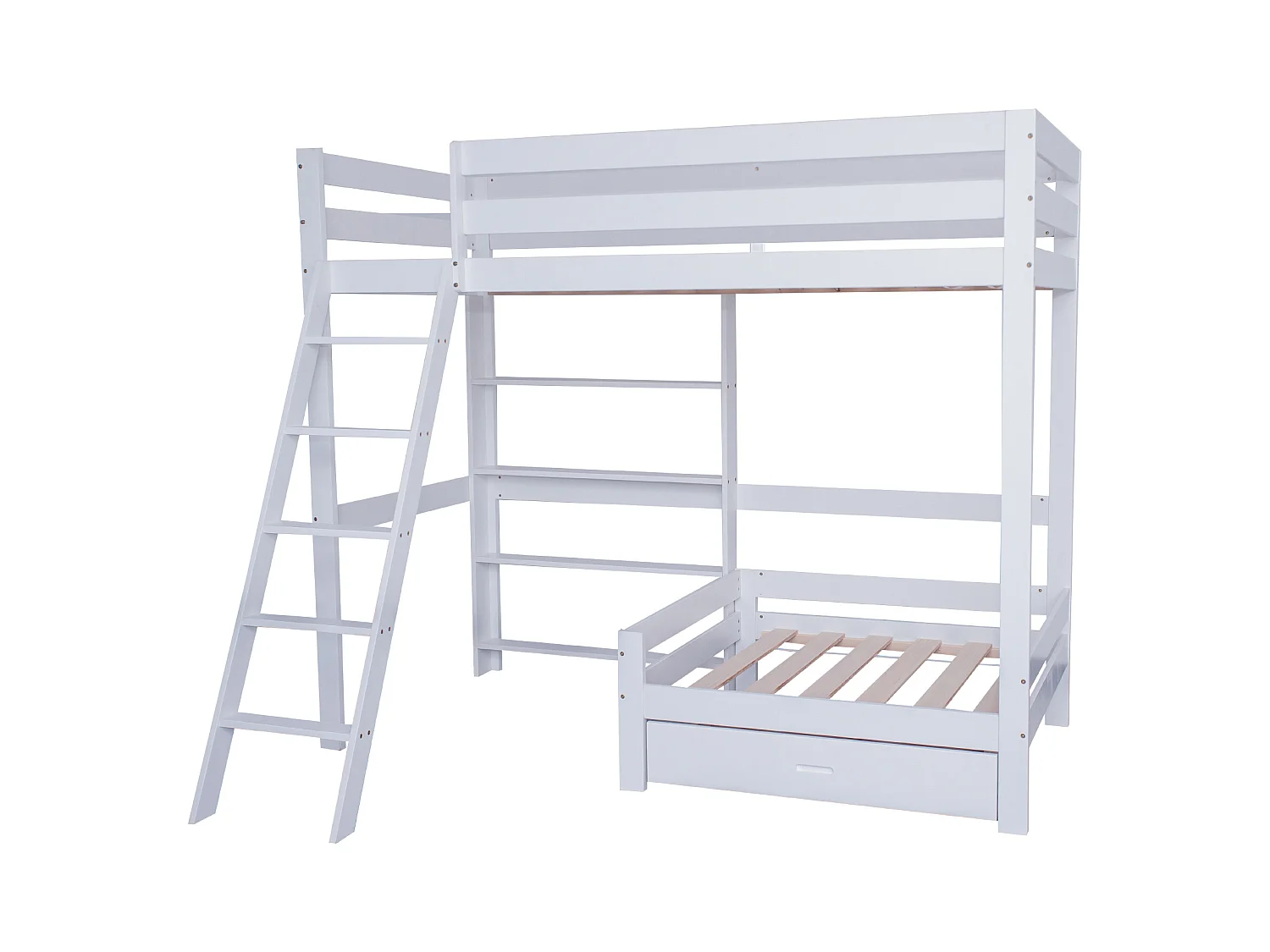 Hoogslaper met zitbank + plank + ladder - grenen frame - 90x200cm - wit