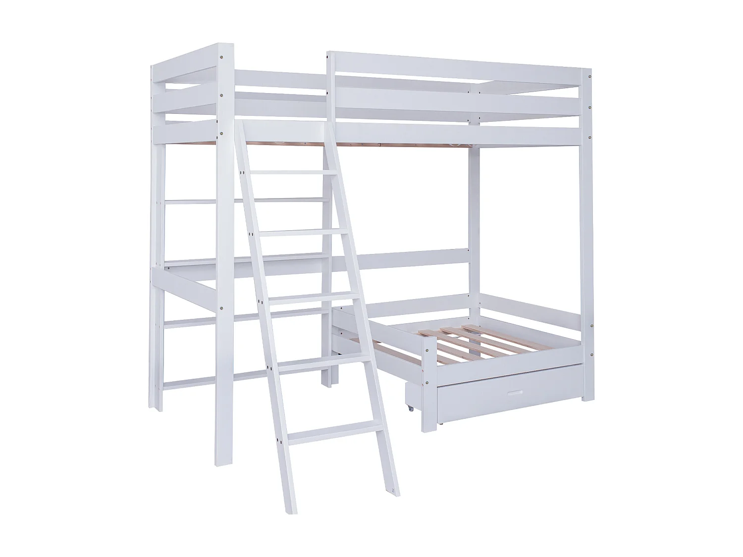 Lit mezzanine avec canapé + étagère + échelle - cadre en pin - 90x200cm - Blanc