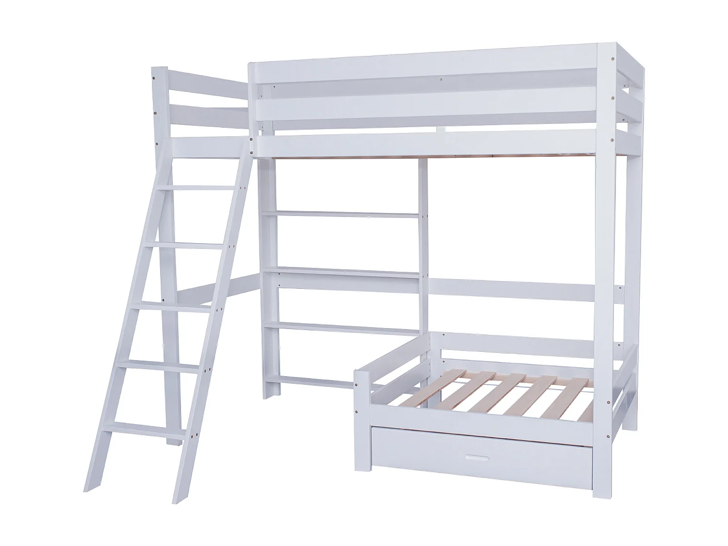 Lit mezzanine avec canapé + étagère + échelle - cadre en pin - 90x200cm - Blanc