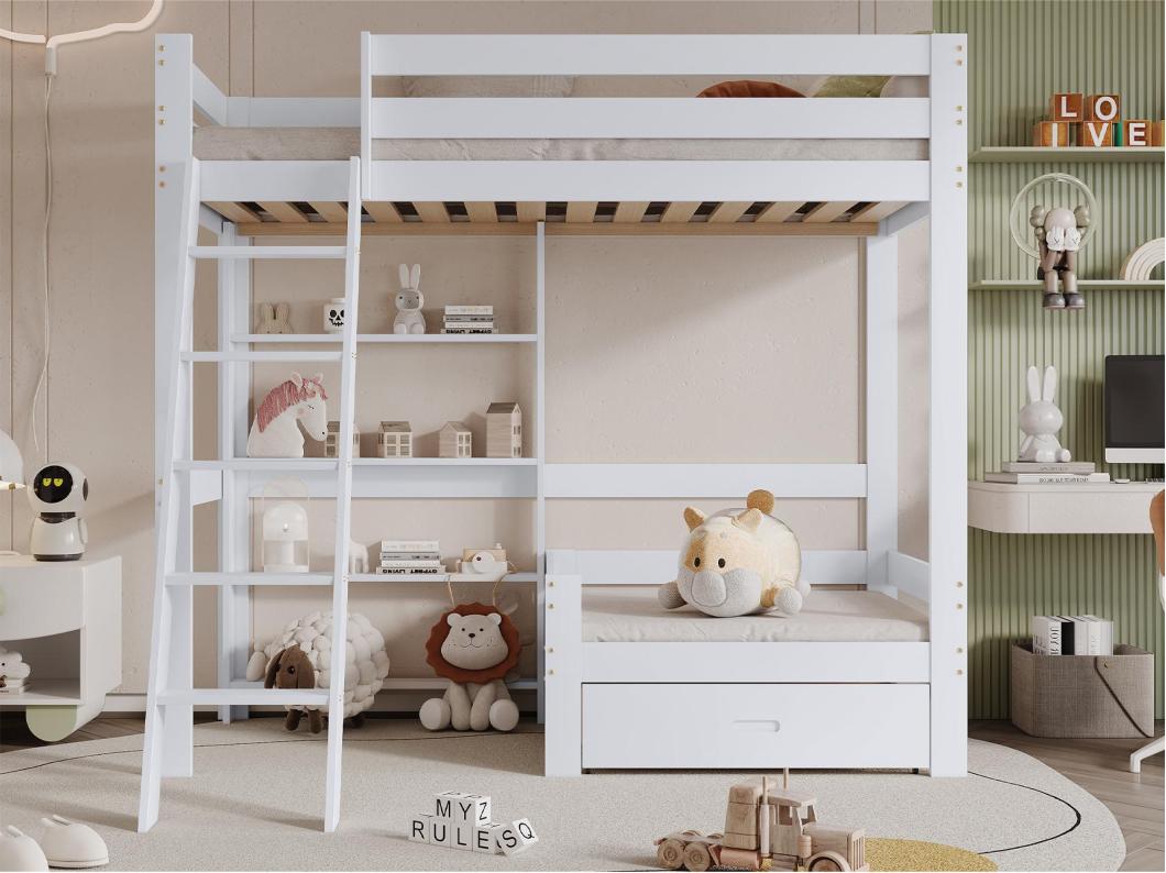 Lit mezzanine avec canapé + étagère + échelle - cadre en pin - 90x200cm - Blanc