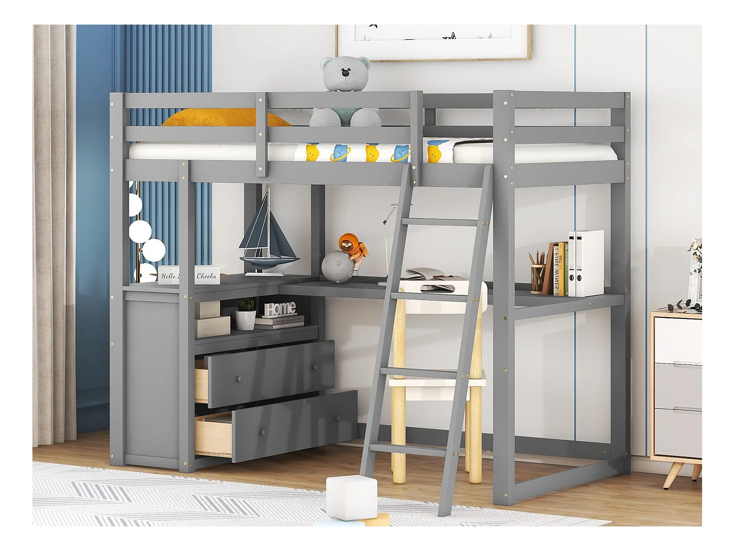 Hoogslaper met bureau, lades, ladder en lattenbodem - grenen frame - 90x200cm - Grijs