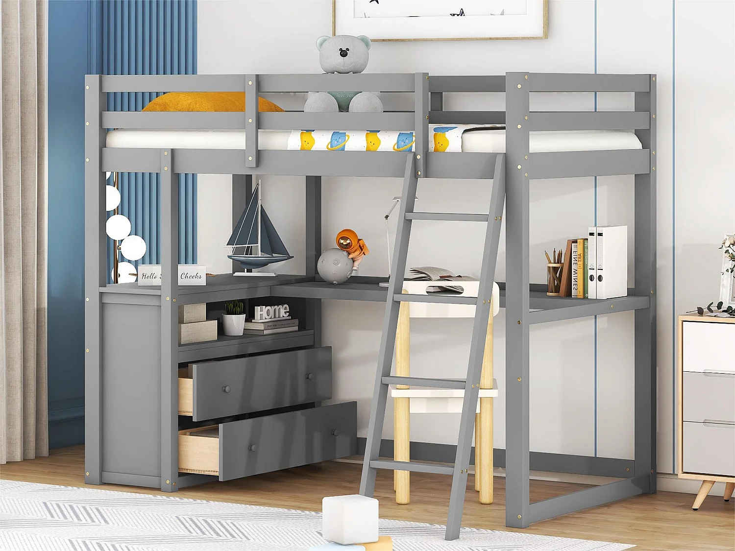 Hoogslaper met bureau, lades, ladder en lattenbodem - grenen frame - 90x200cm - Grijs