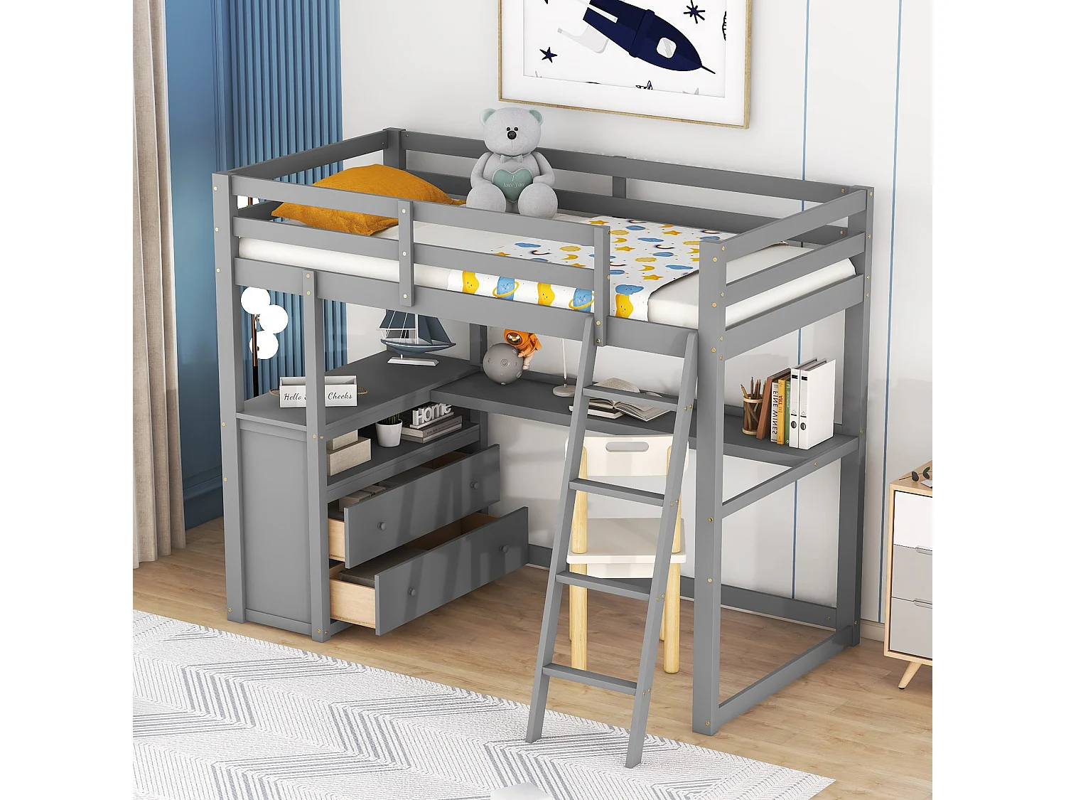 Hoogslaper met bureau, lades, ladder en lattenbodem - grenen frame - 90x200cm - Grijs