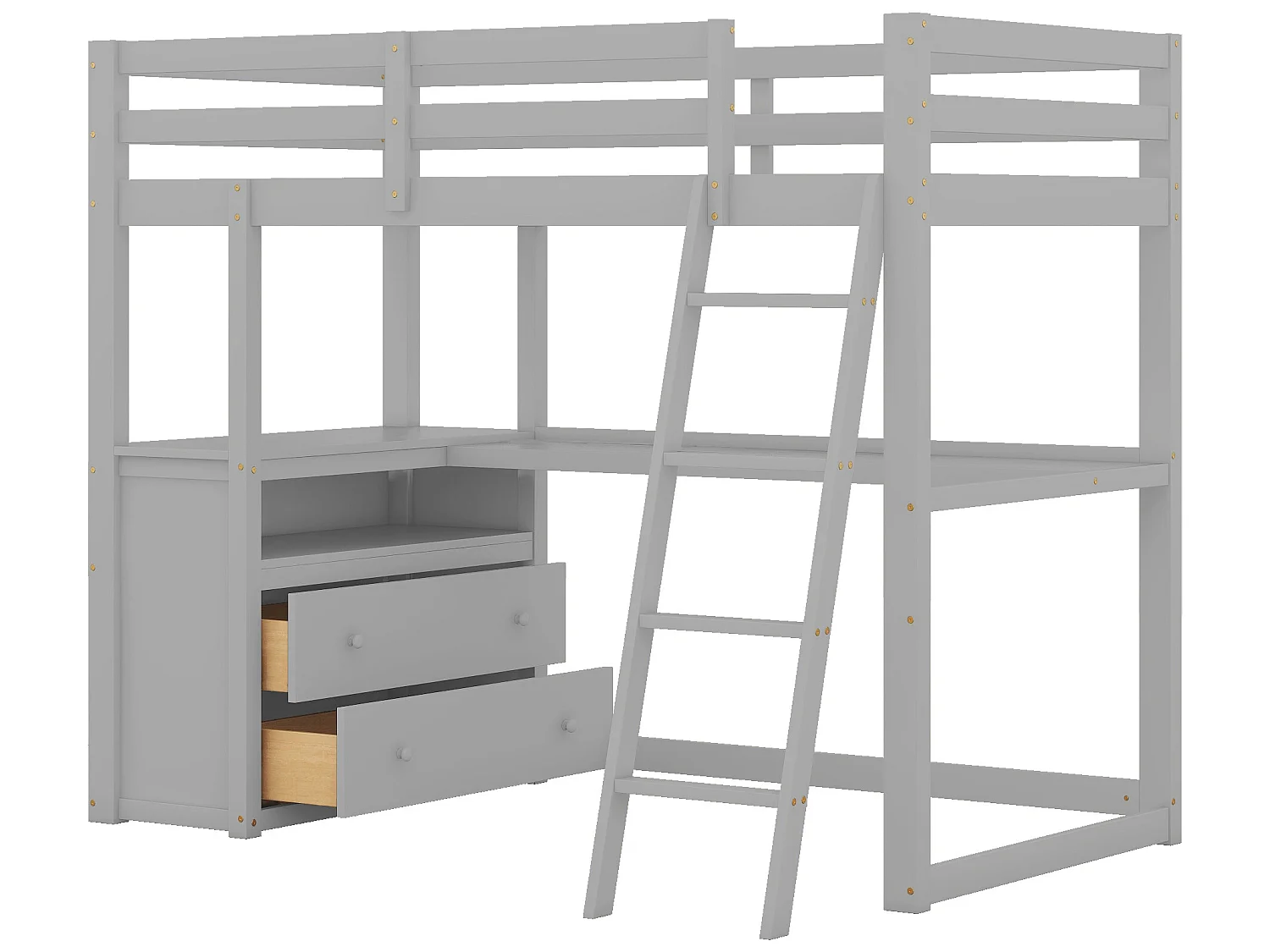 Hoogslaper met bureau, lades, ladder en lattenbodem - grenen frame - 90x200cm - Grijs