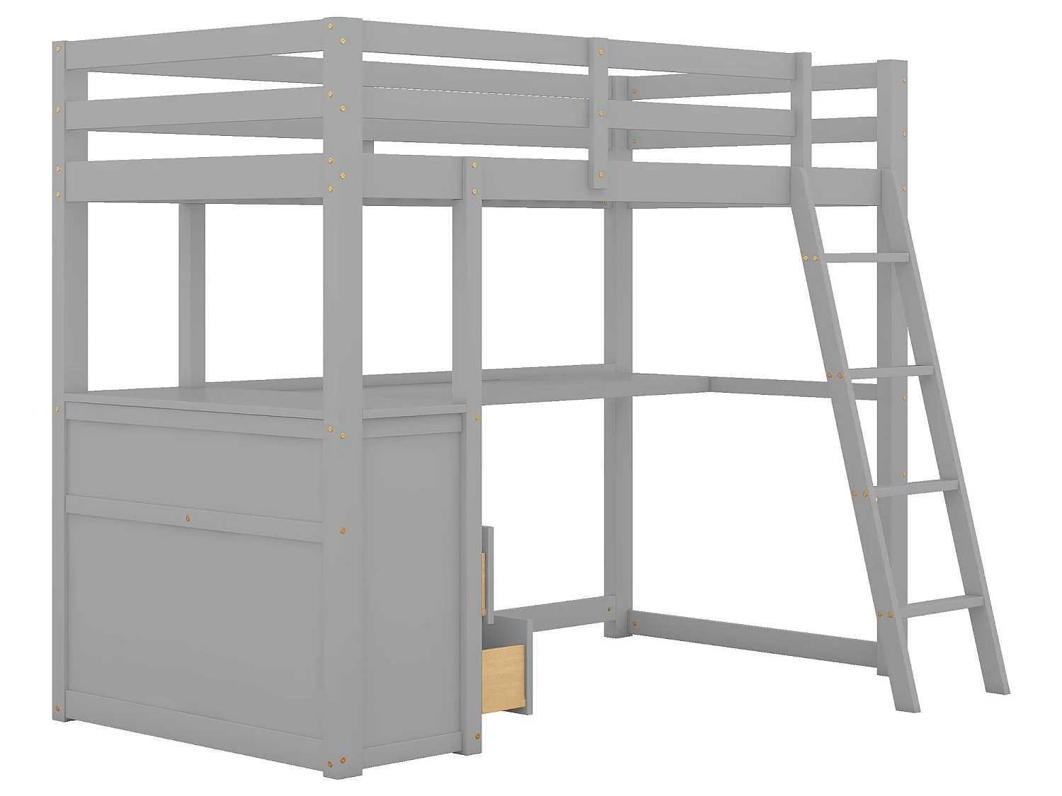 Hoogslaper met bureau, lades, ladder en lattenbodem - grenen frame - 90x200cm - Grijs