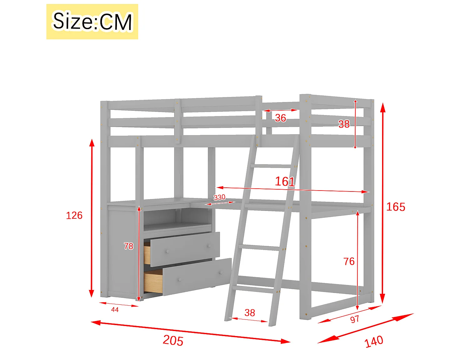 Hoogslaper met bureau, lades, ladder en lattenbodem - grenen frame - 90x200cm - Grijs