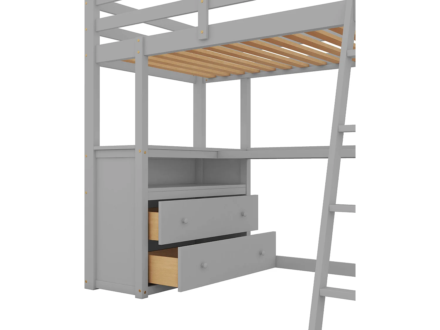 Hoogslaper met bureau, lades, ladder en lattenbodem - grenen frame - 90x200cm - Grijs