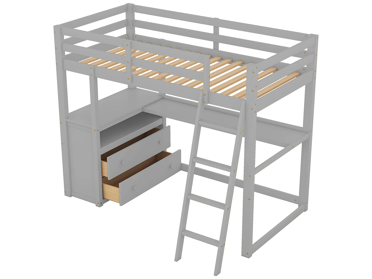 Hoogslaper met bureau, lades, ladder en lattenbodem - grenen frame - 90x200cm - Grijs