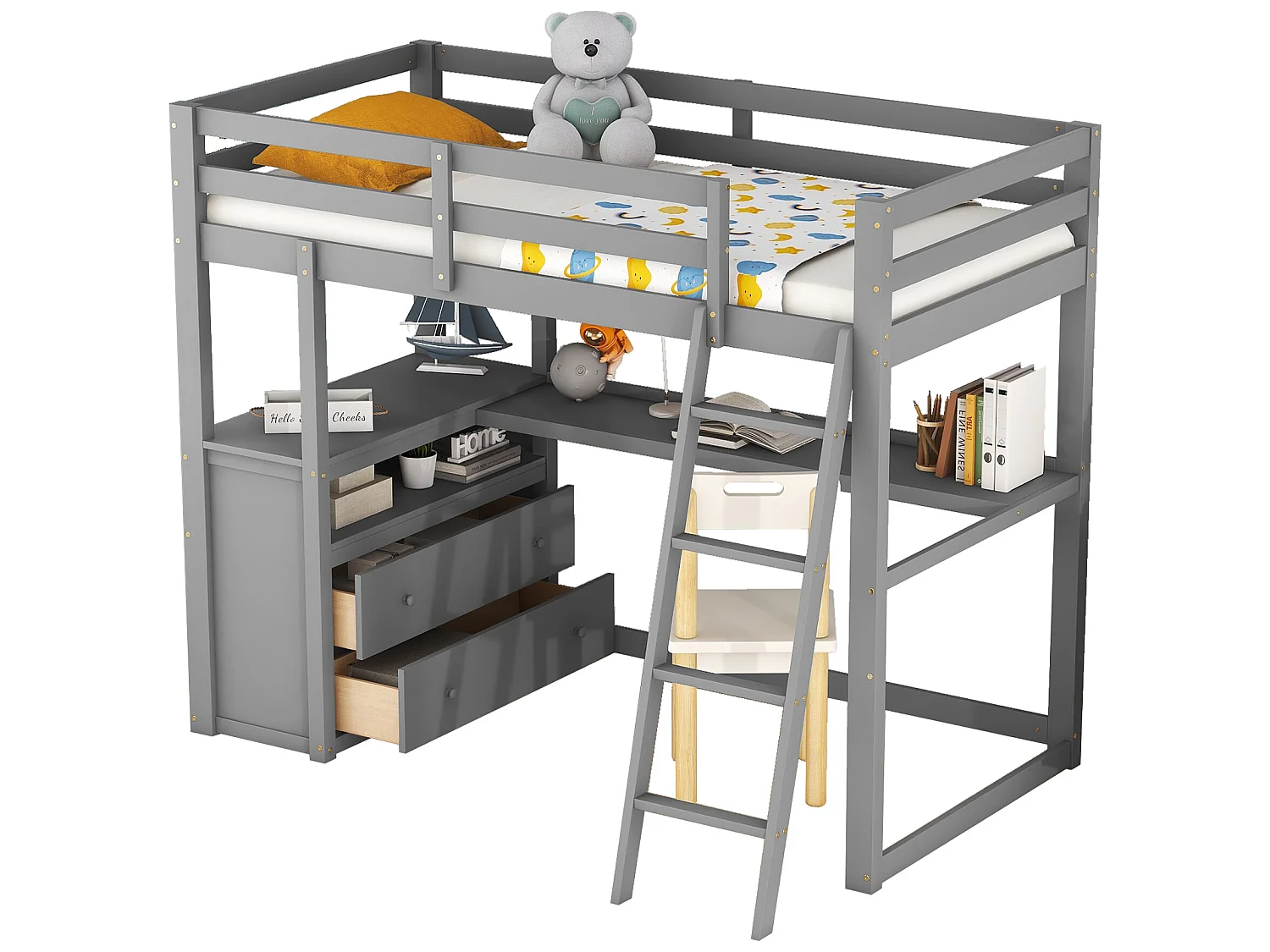 Hoogslaper met bureau, lades, ladder en lattenbodem - grenen frame - 90x200cm - Grijs