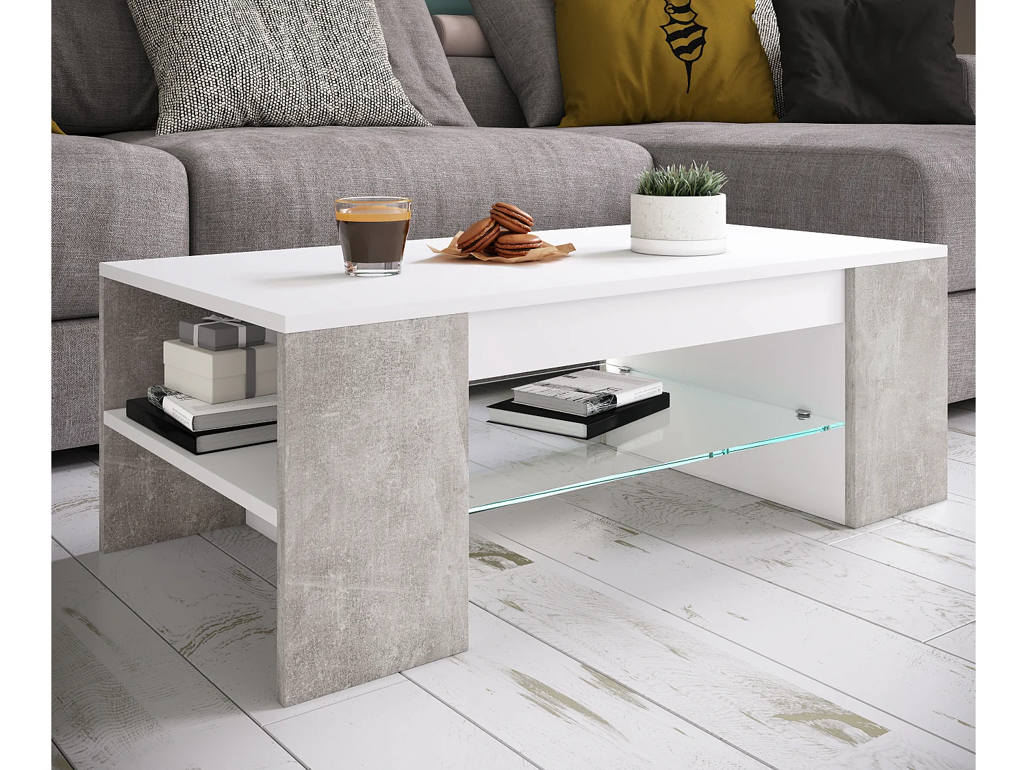 Mesa lateral & mesa de café Tunas Óptica branca/concreta A. 35 x L. 100 x P. 50 cm