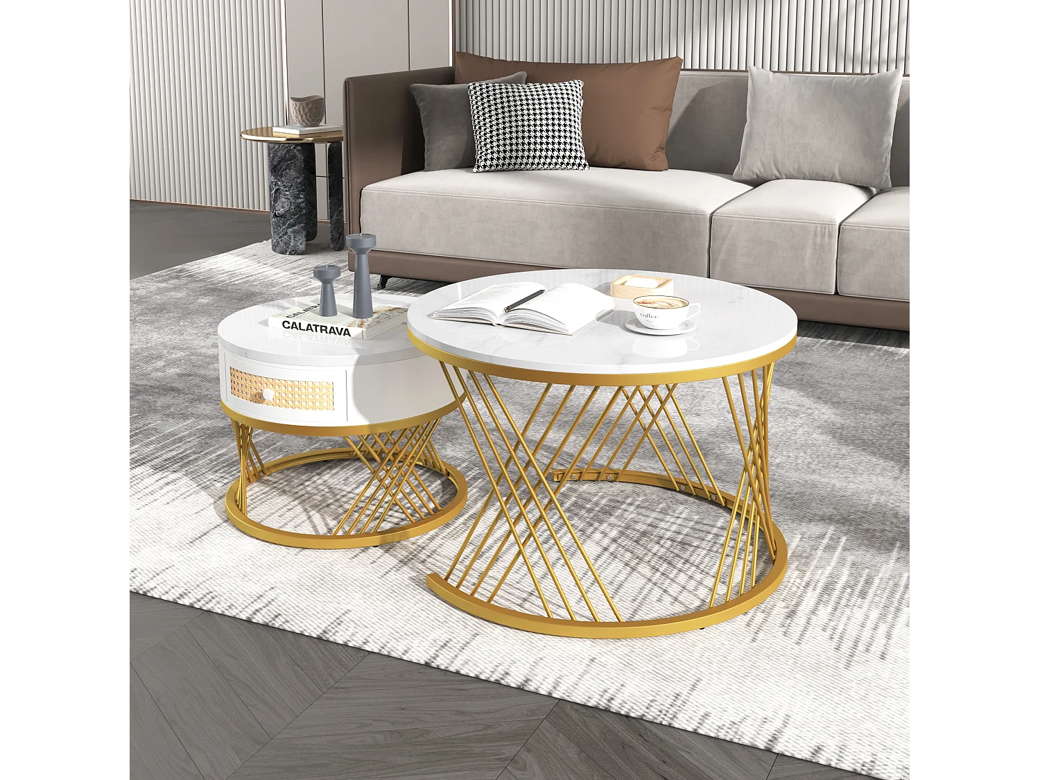 Lot de 2 tables basses gigognes - dessus effet marbre - Blanc