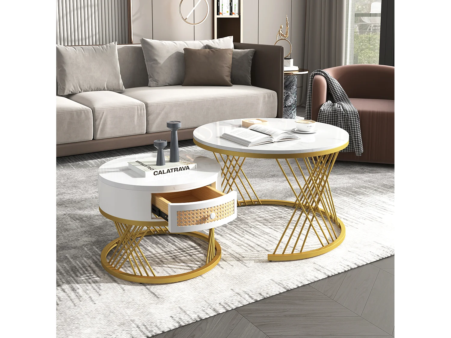 Lot de 2 tables basses gigognes - dessus effet marbre - Blanc