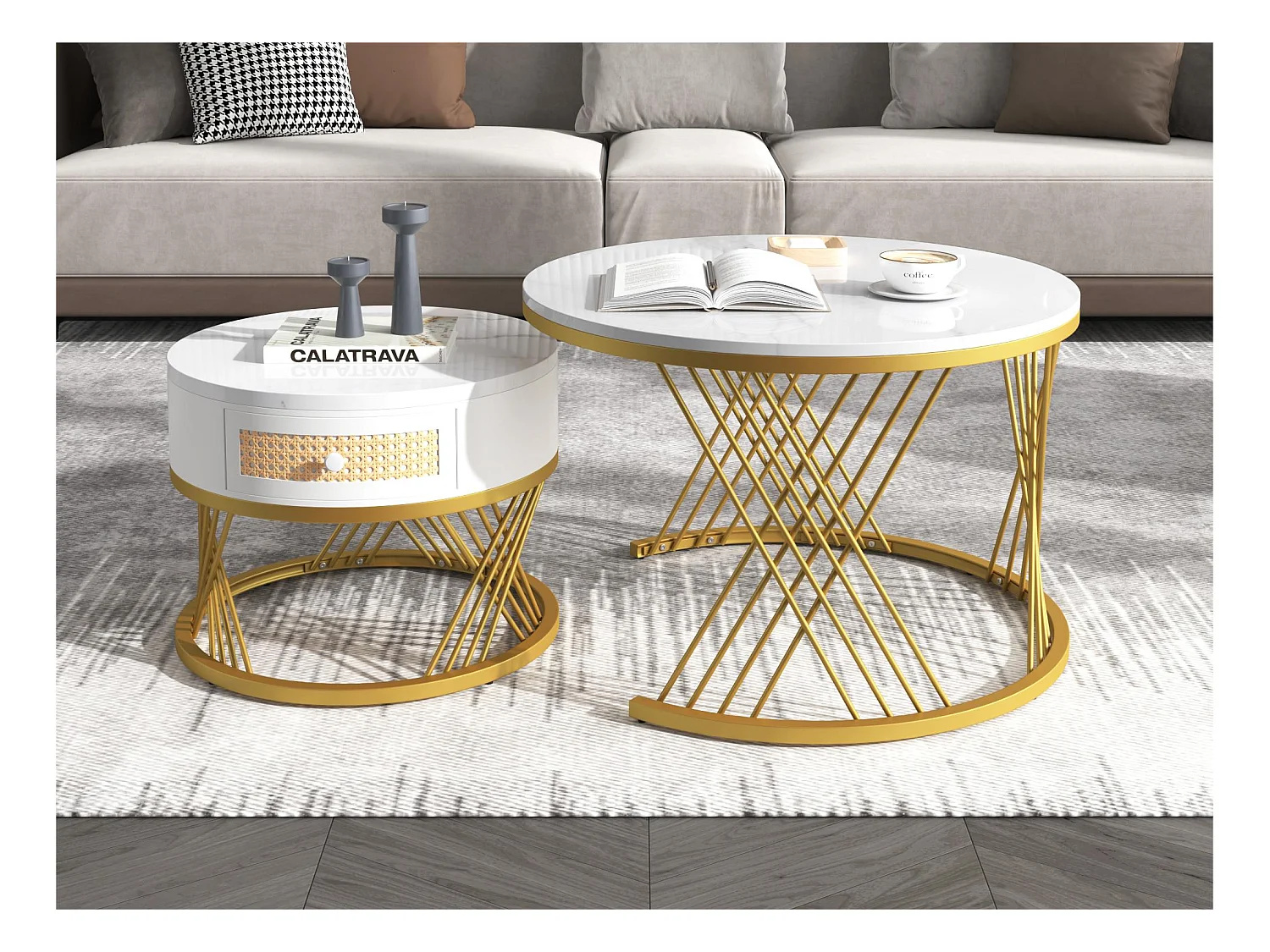 Lot de 2 tables basses gigognes - dessus effet marbre - Blanc