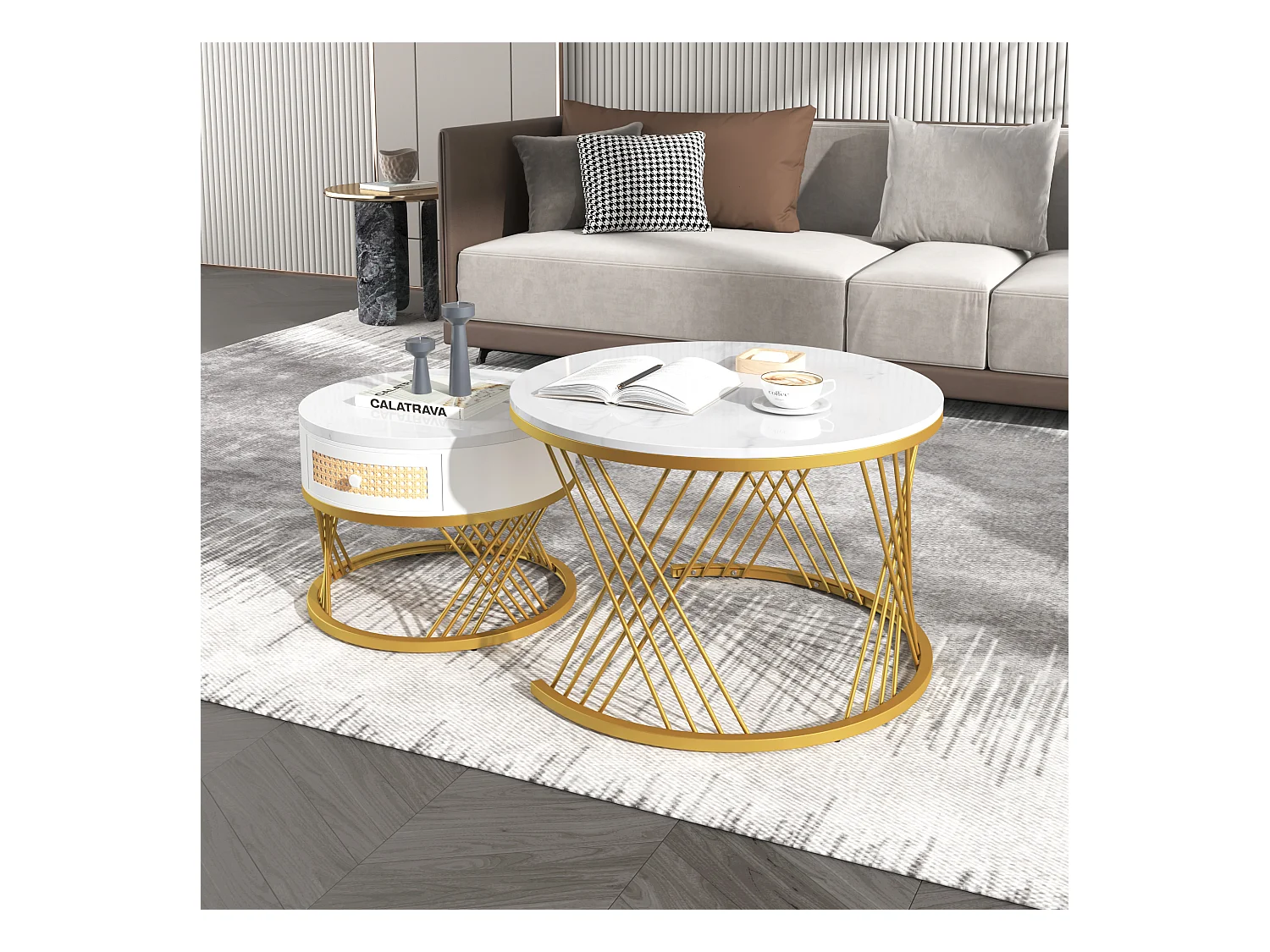 Set van 2 in elkaar geschoven salontafels - blad met marmereffect - Wit