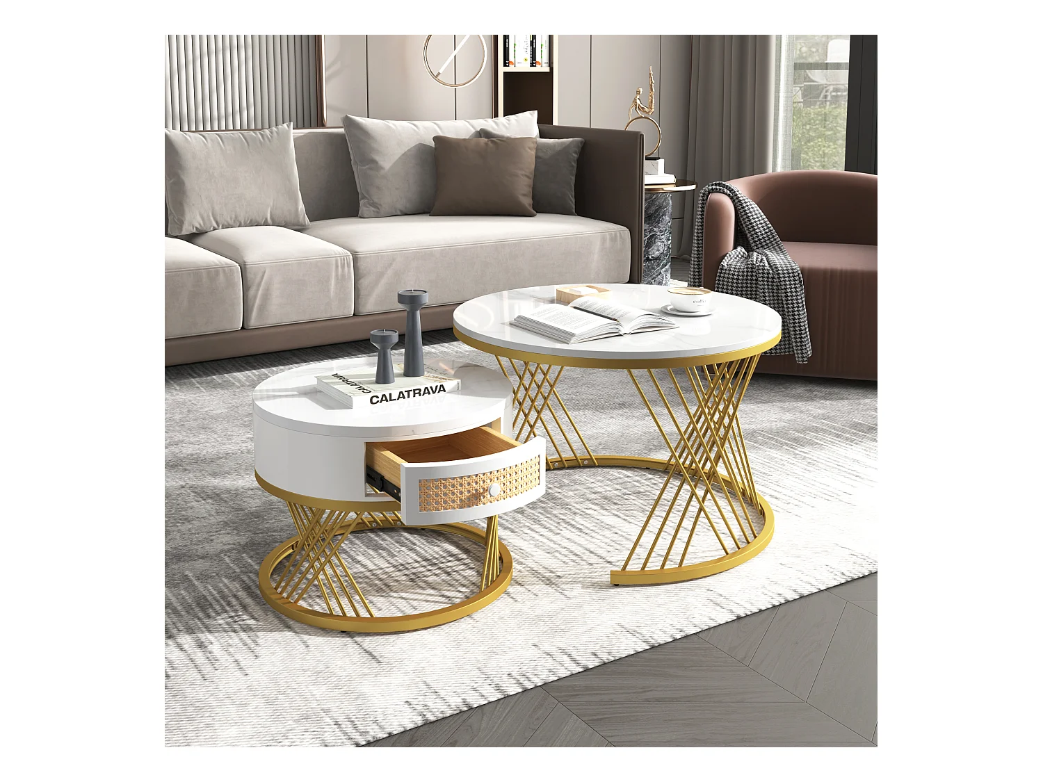 Set van 2 in elkaar geschoven salontafels - blad met marmereffect - Wit