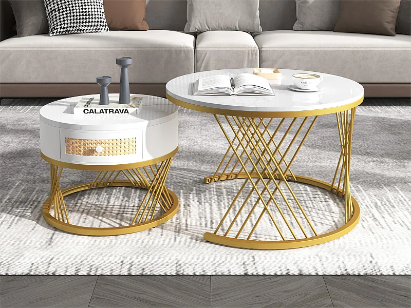 Lot de 2 tables basses gigognes - dessus effet marbre - Blanc