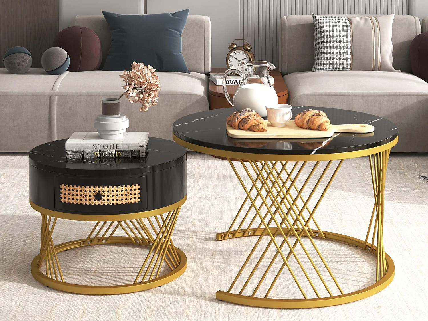 Lot de 2 tables basses gigognes - dessus effet marbre - Noir