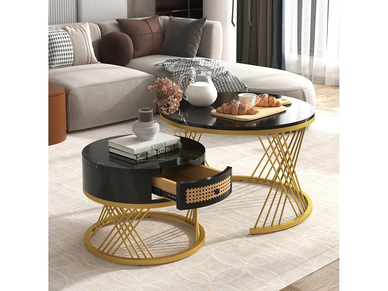 Lot de 2 tables basses gigognes - dessus effet marbre - Noir