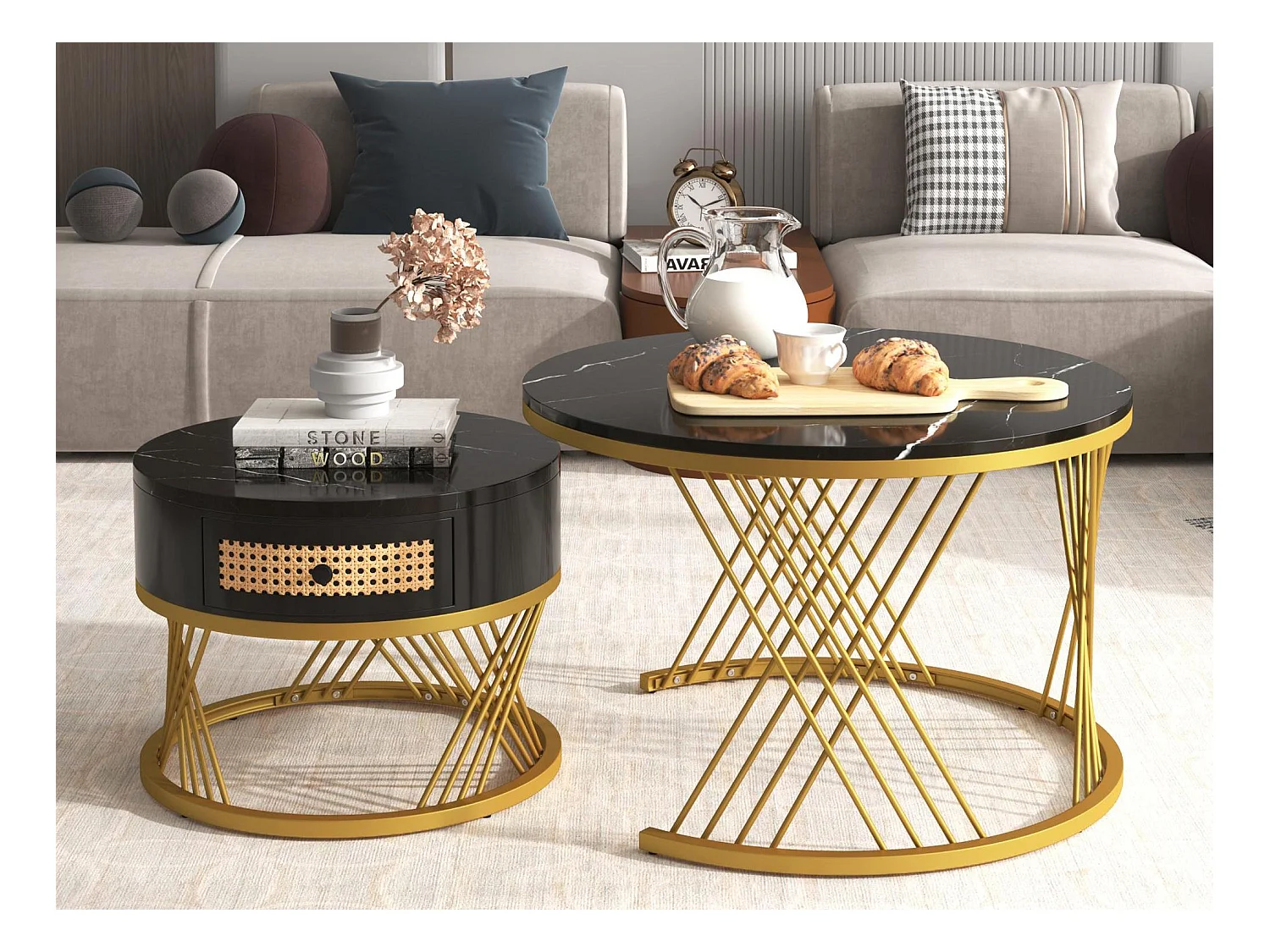 Lot de 2 tables basses gigognes - dessus effet marbre - Noir