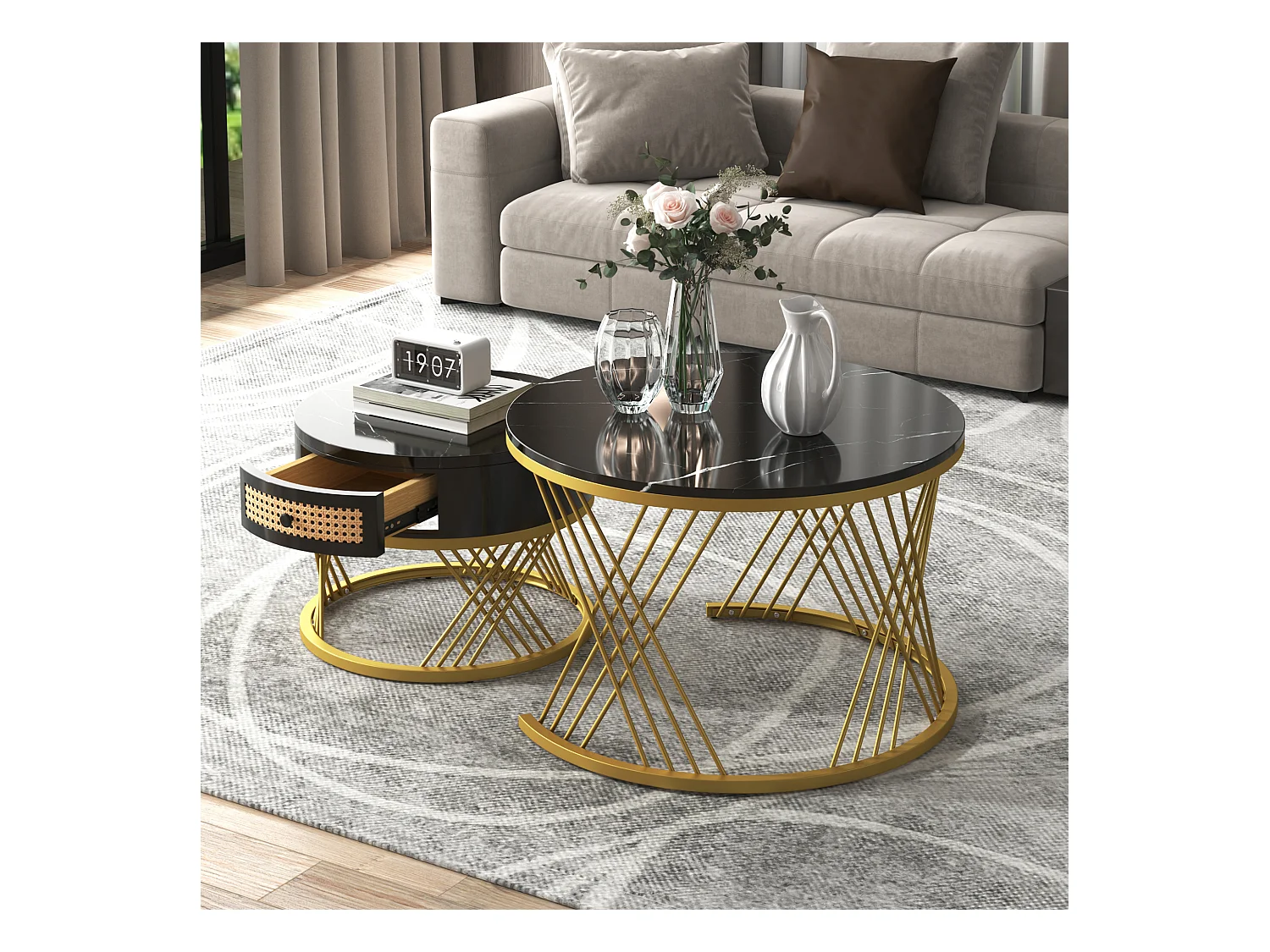 Juego de 2 mesas de centro nido - tapa efecto mármol - Negro