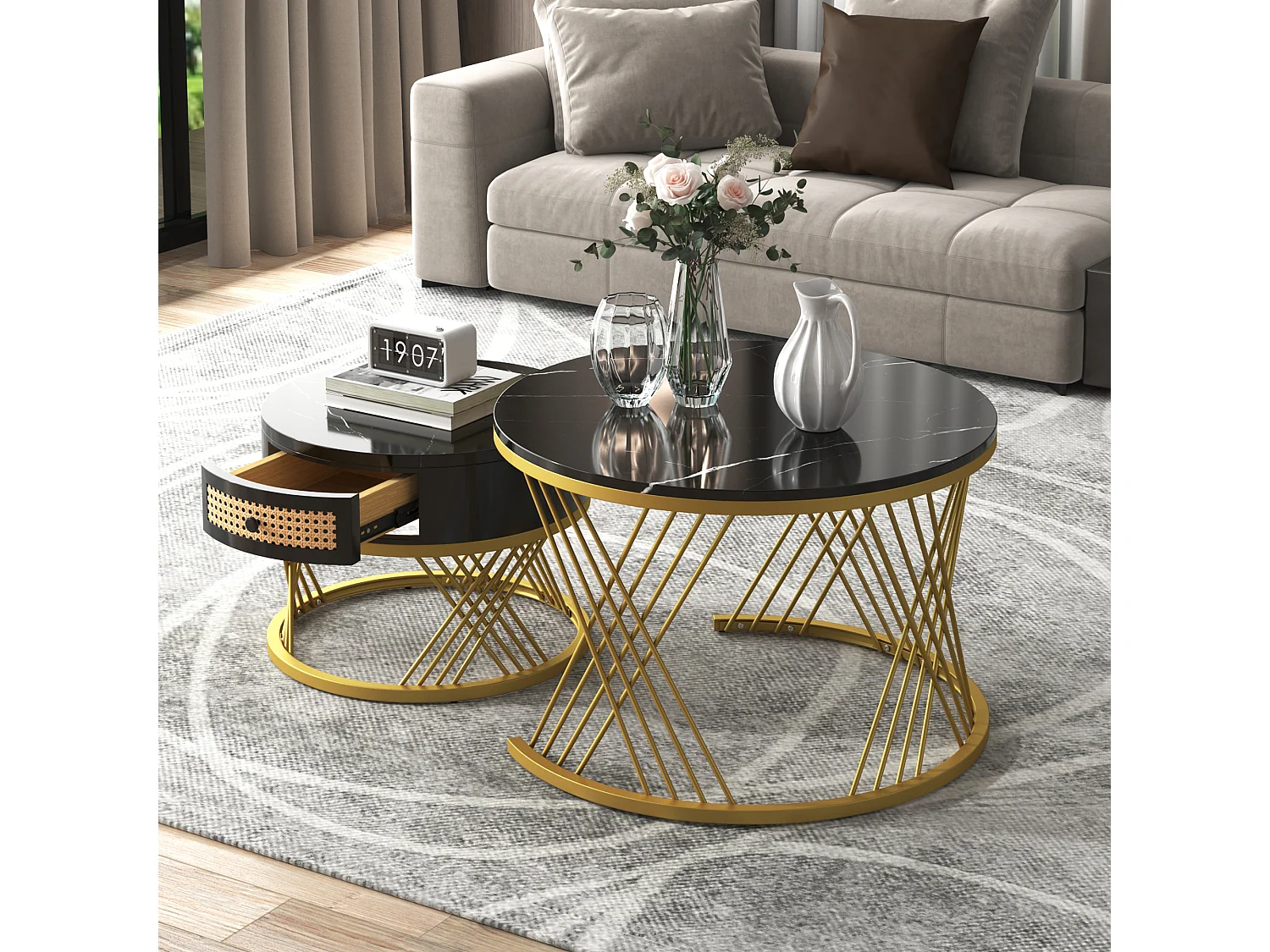 Set di 2 tavolini impilabili - piano effetto marmo - Nero