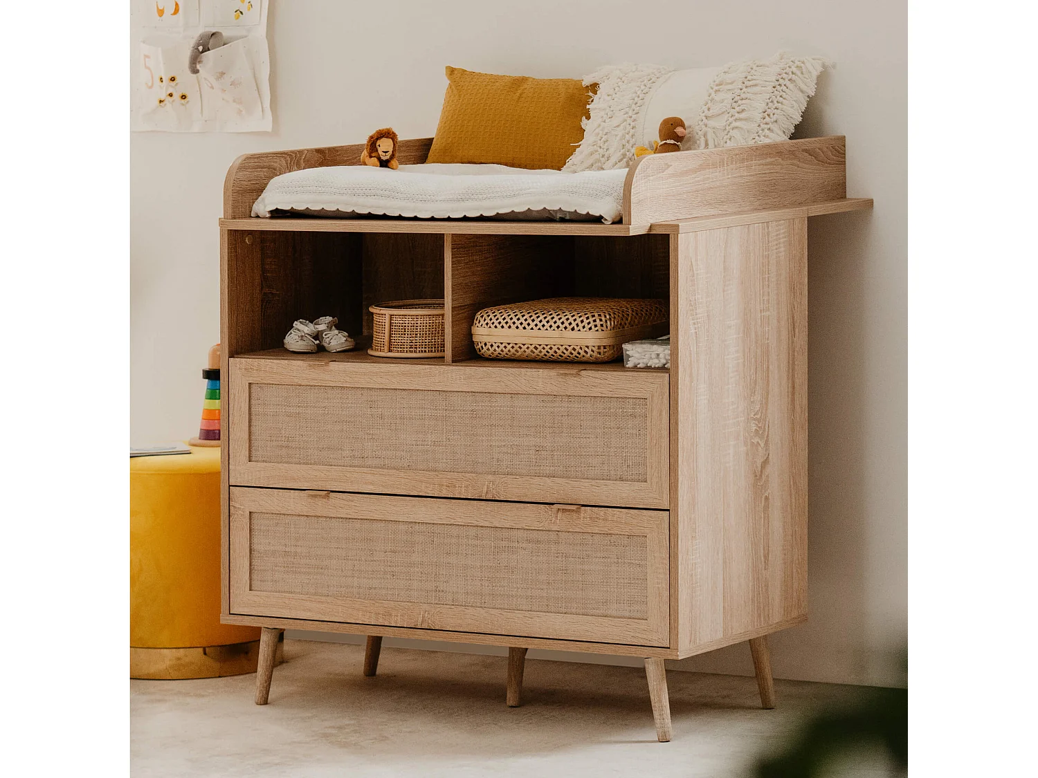 Commode à langer bébé 2 tiroirs en bois naturel effet cannage - CO7085