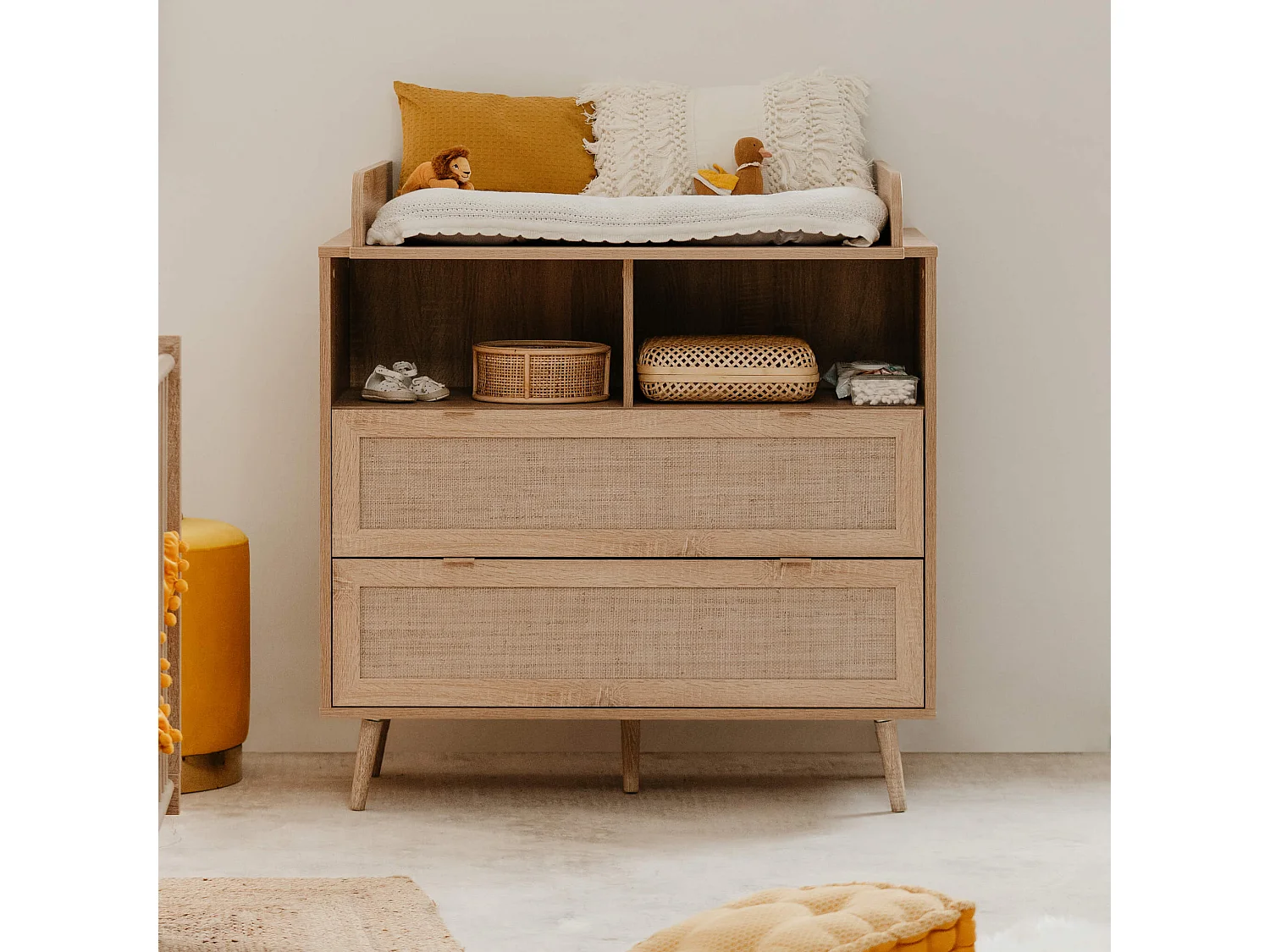 Commode à langer bébé 2 tiroirs en bois naturel effet cannage - CO7085
