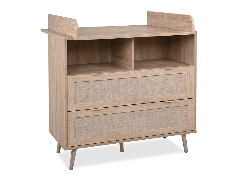 Commode à langer bébé 2 tiroirs en bois naturel effet cannage - CO7085