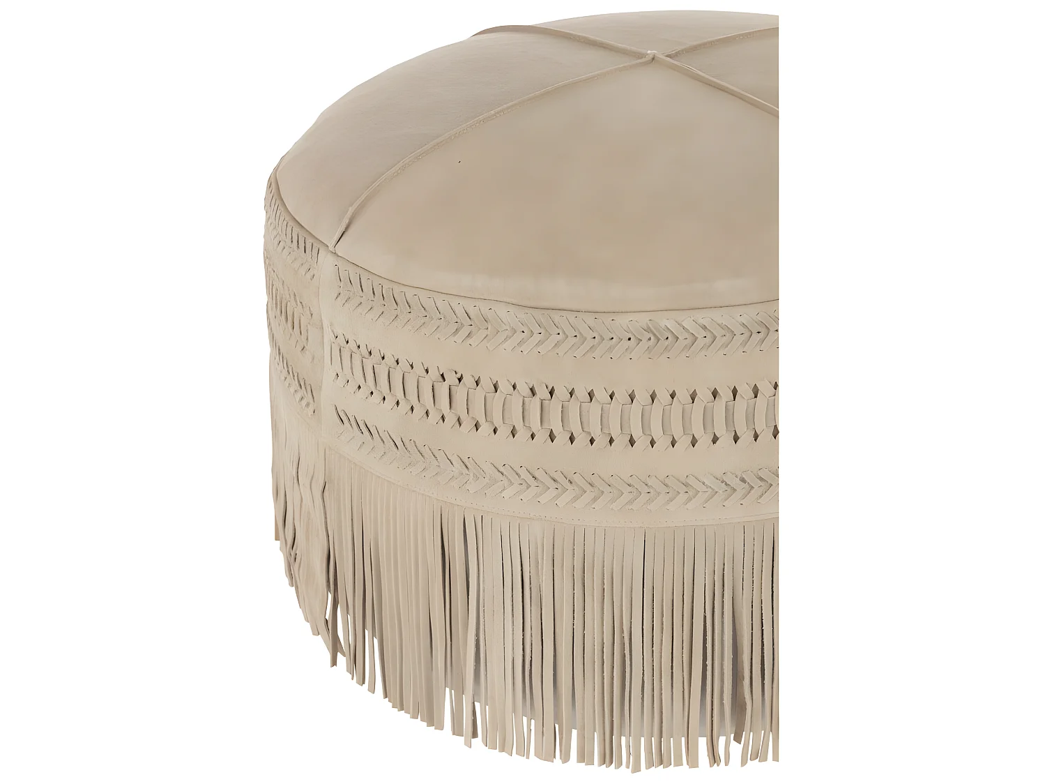 Pouf Rond en Cuir à Franges "India" 50cm Gris