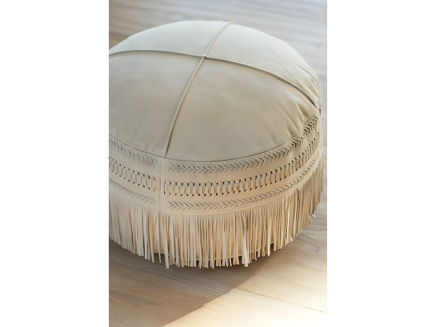 Pouf Rond en Cuir à Franges "India" 50cm Gris