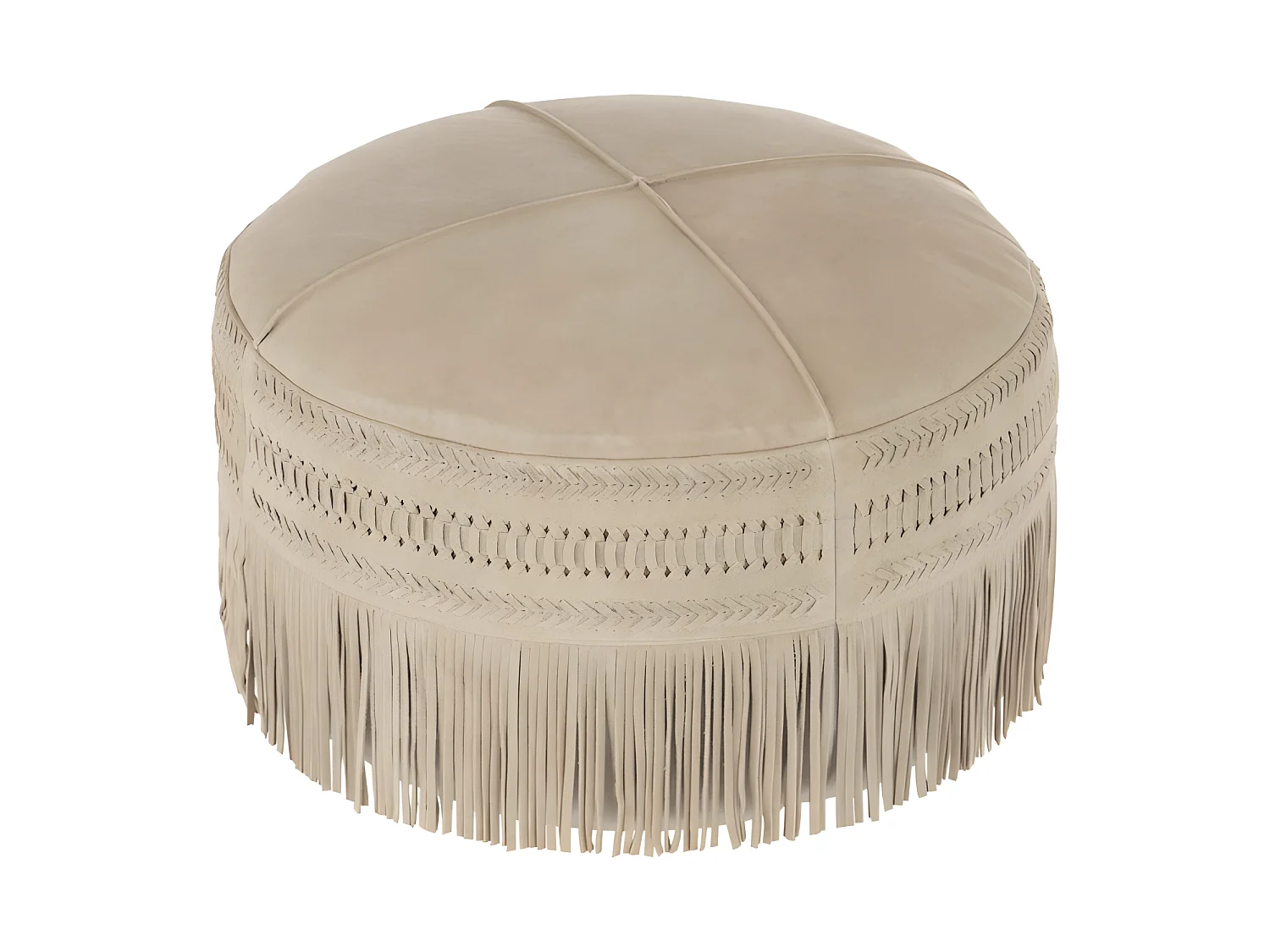Pouf Rond en Cuir à Franges "India" 50cm Gris