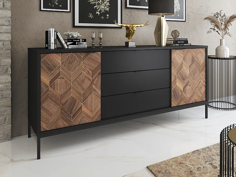 Buffetkast met 2 deurtjes en 3 lades - Zwart en donker naturel - MIALINE