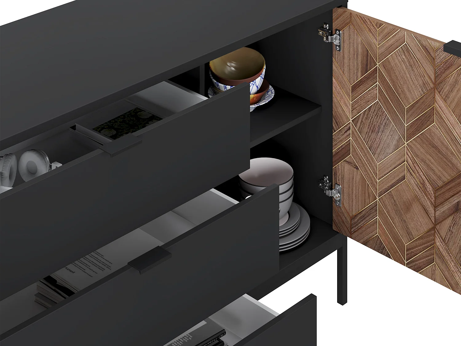 Buffet avec 2 portes et 3 tiroirs - Noir et Naturel foncé - MIALINE