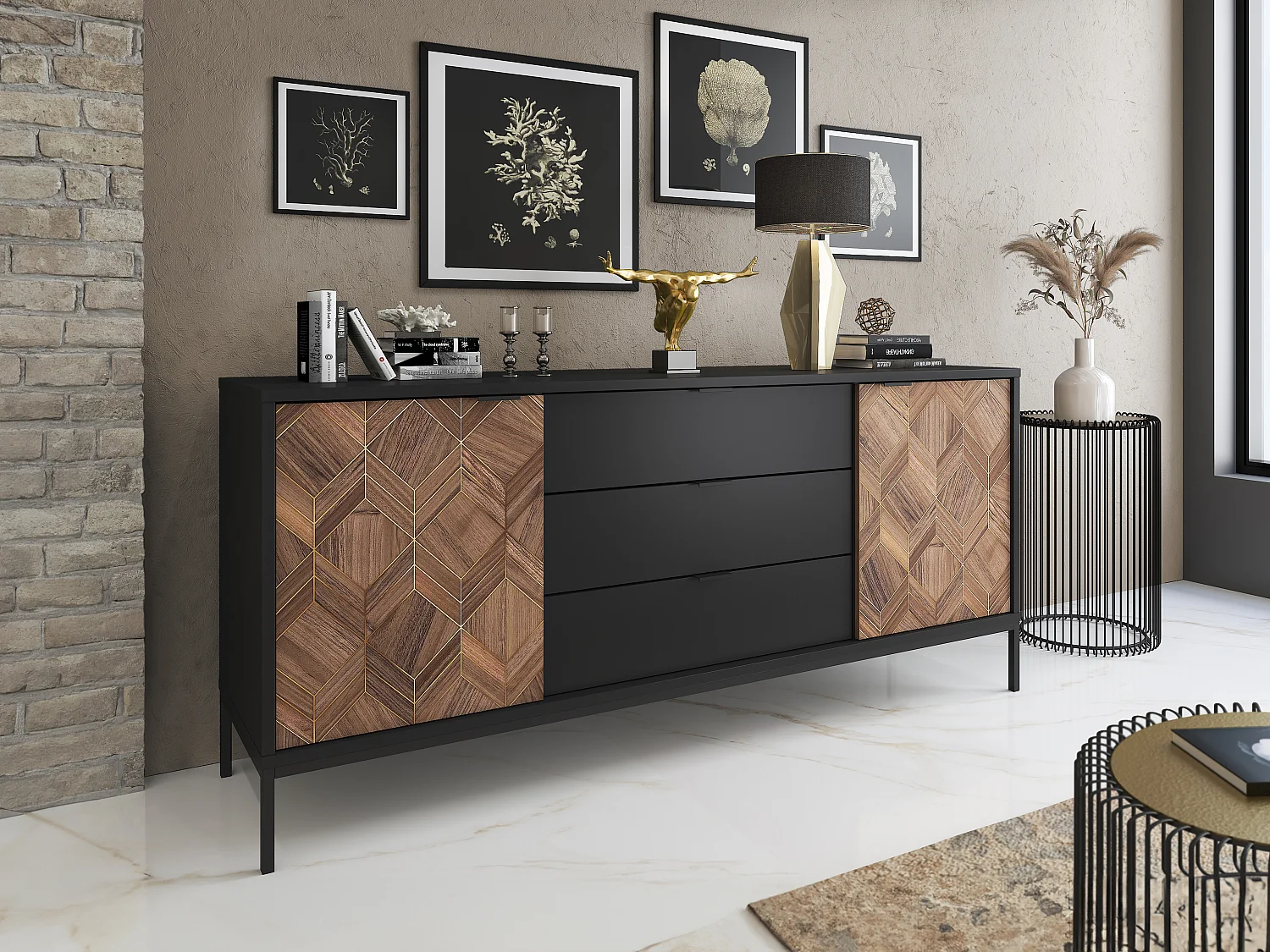 Buffet avec 2 portes et 3 tiroirs - Noir et Naturel foncé - MIALINE