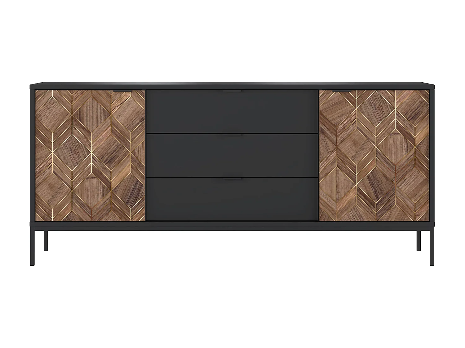 Aparador con 2 puertas y 3 cajones - Negro y Natural oscuro - MIALINE