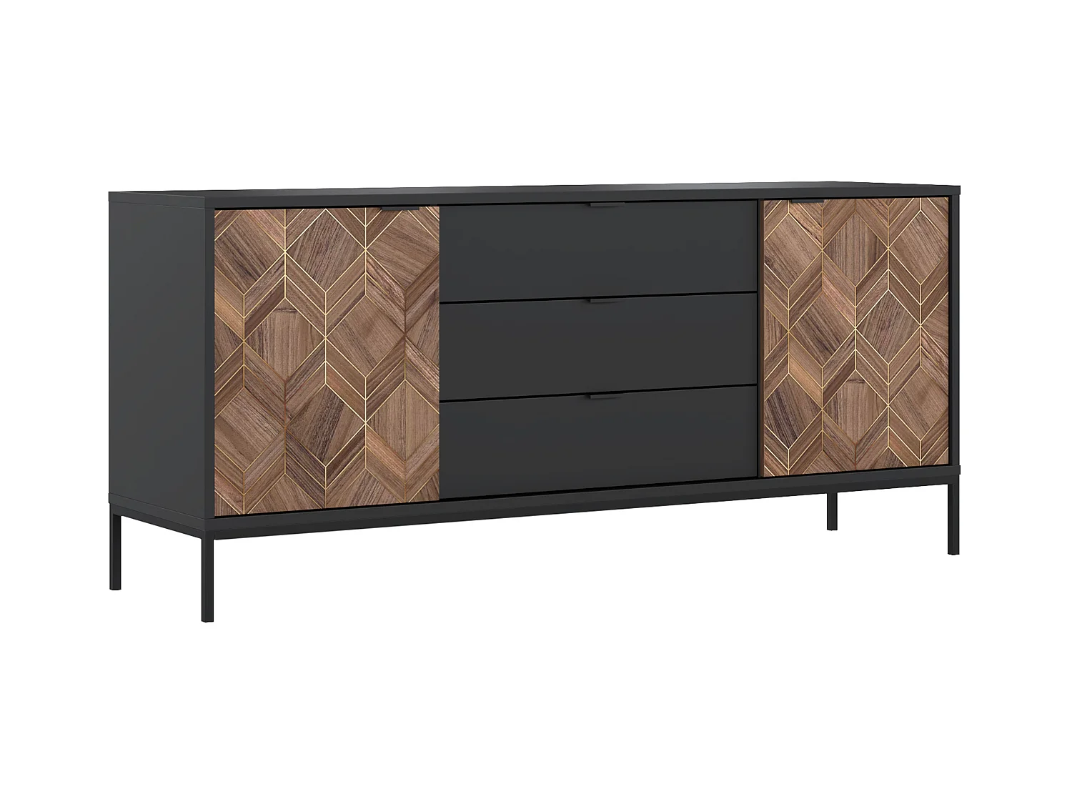 Aparador con 2 puertas y 3 cajones - Negro y Natural oscuro - MIALINE