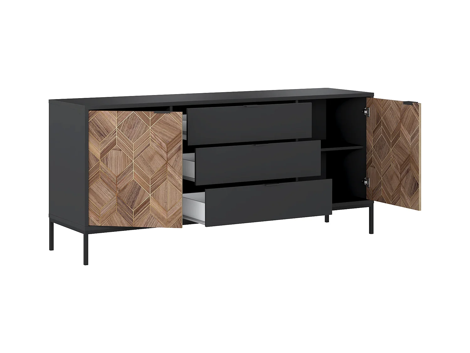 Aparador con 2 puertas y 3 cajones - Negro y Natural oscuro - MIALINE