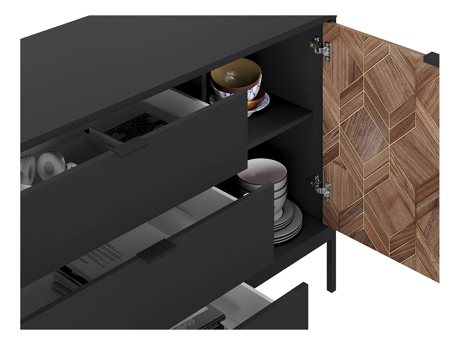 Aparador con 2 puertas y 3 cajones - Negro y Natural oscuro - MIALINE