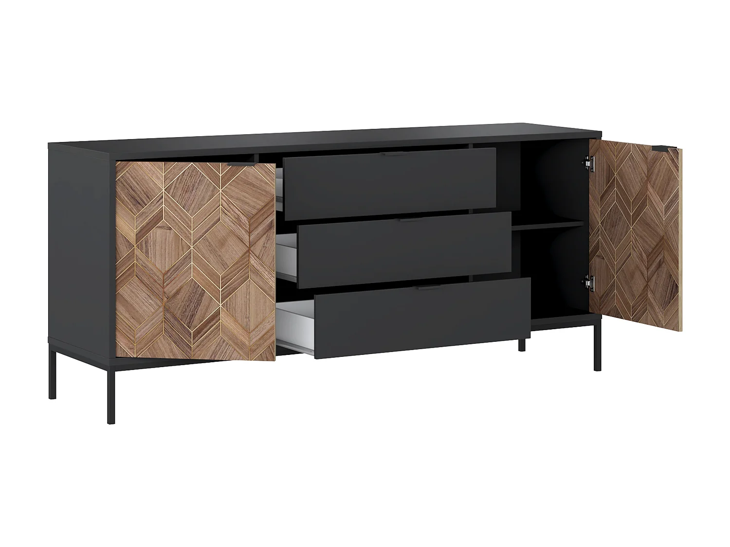 Buffet med 2 dörrar och 3 låndendaler - Svart och mörknat Naturelt - MIALINE