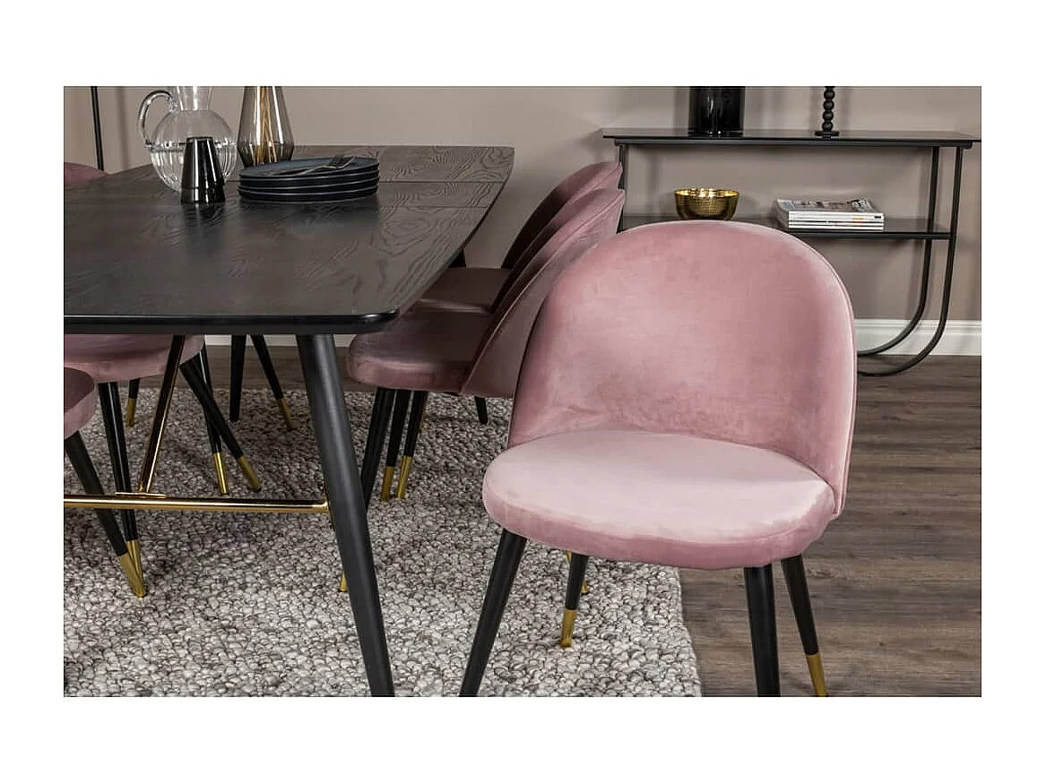 Velvet eetkamerstoel velours roze, zwart, messing decor.